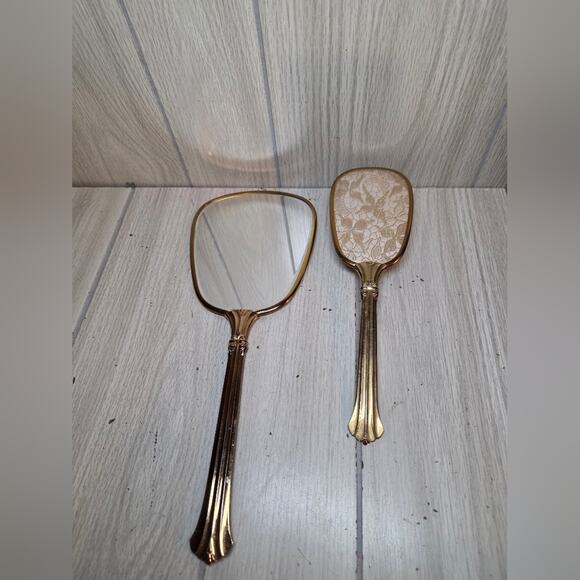 Vtg Handheld Victorian Vanity Dresser Mirror And Brush Set USA Made Gold Lace - Picture 4 of 6